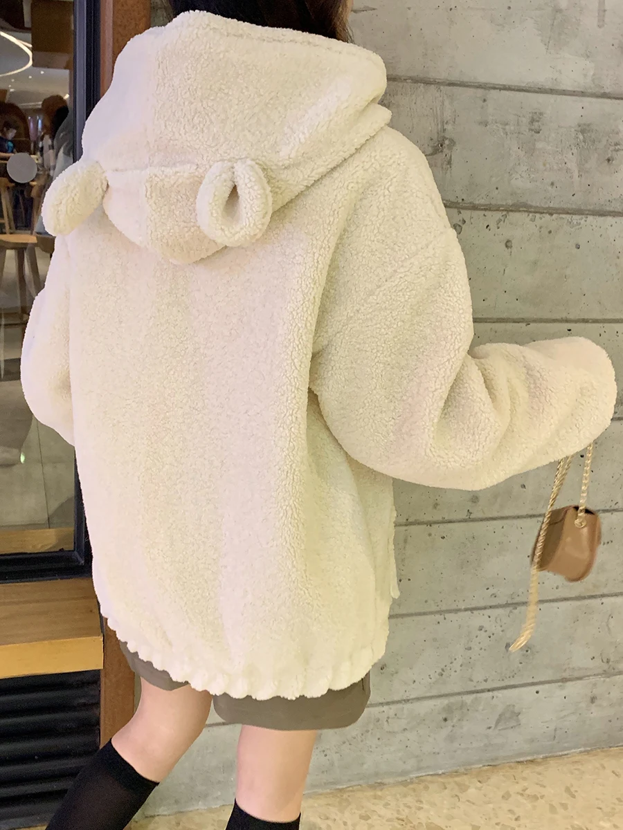 

Sheep-cut Cute Hooded Lamb Wool White Faux Fur Coat Teddy Jacket Womens Winter Jackets Coat Women Coat Female Women's Fur Coat