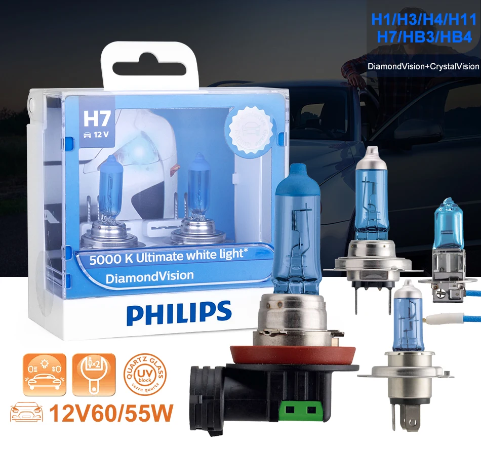 Philips H7 H4 H3 H1 H11 H8 HB3 HB4 9005 9006 галогенные лампы 12V Diamond Vision 5000K Окончательный белый светильник автомобильные аксессуары для автомобильных фар комплект из 2 предметов