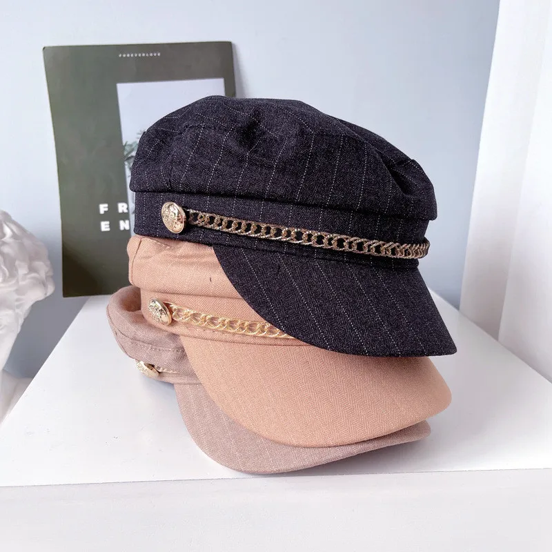 

202106-may-moh-js new autumn British College style striped chain button street leisure Octagonal hat men women visors cap