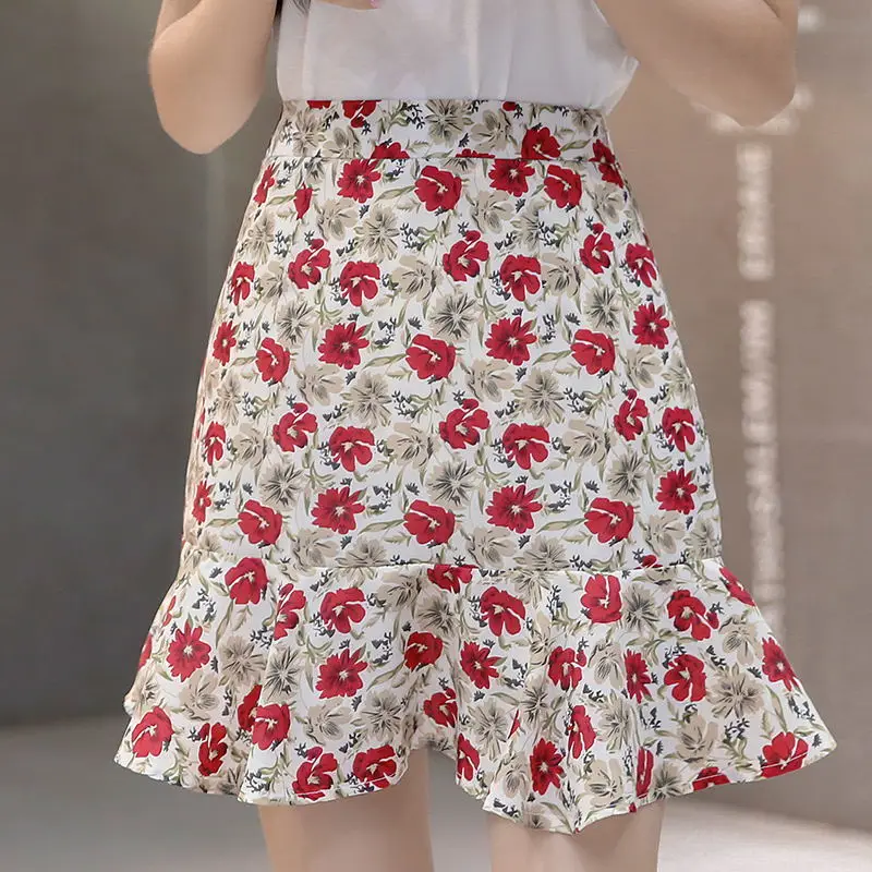 

Slim high waist floral pattern skirt daisy fishtail print skirt Retro Slim sexy pleated skirt women's skirt summer 2021