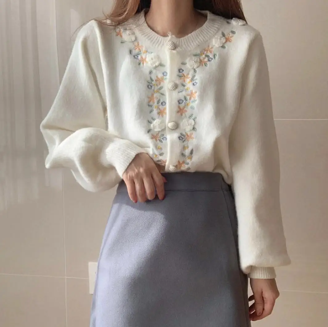 

Flower Embroidery Knitted Cardigans Korean Chic Single Breasted Long Sleeve Sweaters Sweet O Neck Soft Coats 1E783