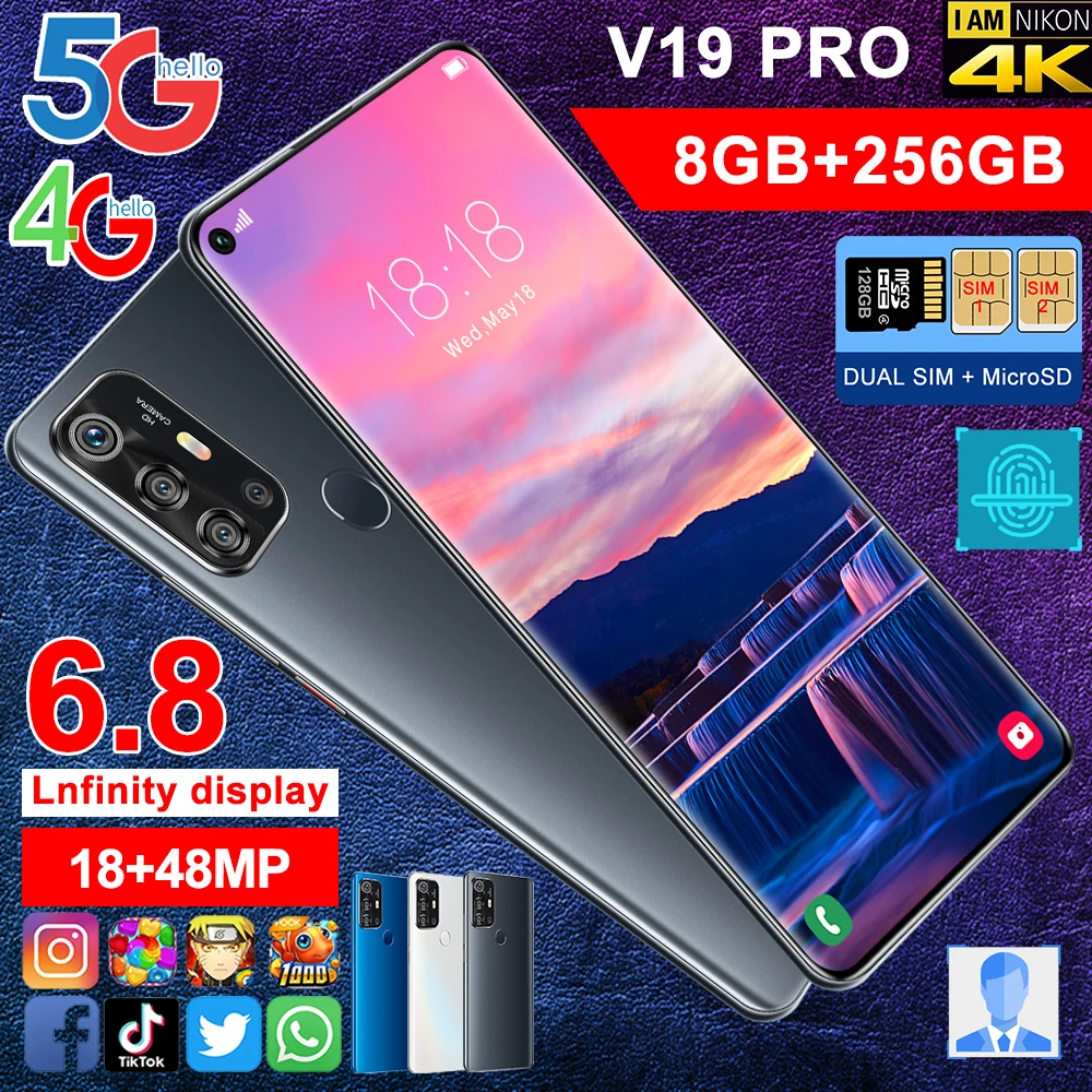 

New MediaTek 4 Camera 8 256GB ROM 2021 New 6.8inch V19Pro SmartphoneFace ID Deca Core Mobile Phone Global Version