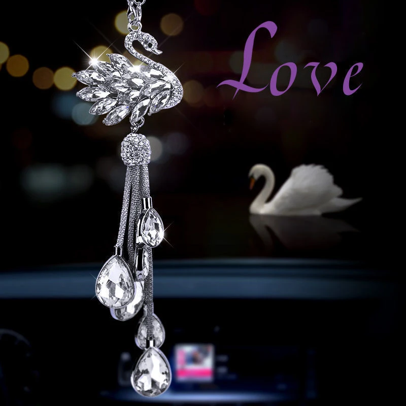 

Luxury Rhinestone Car Decoration Pendant 3 Colors Crystal Diamond Swan Rear View Mirror Hanging Car Accessories for Women Girls