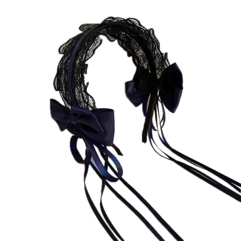 

Girls Ruffles Lace Headwear Multilayer Lace with Long Ribbon Bowknot Adorn Headband Maid Anime Cosplay Hair Ornaments