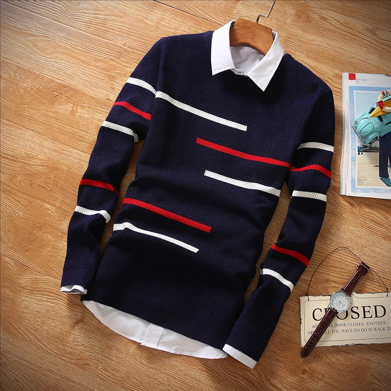 

Men's striped sweater with round neck, men's slim fit knit casual pullover, fall 2021