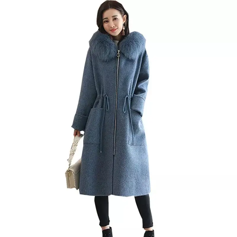 

Monteau Femme Hiver Rabbit Fur Collars Hooded Wool Blends Manteau Long Cappotto Donna Windproof Thick Warm Monteau Femme Hiver