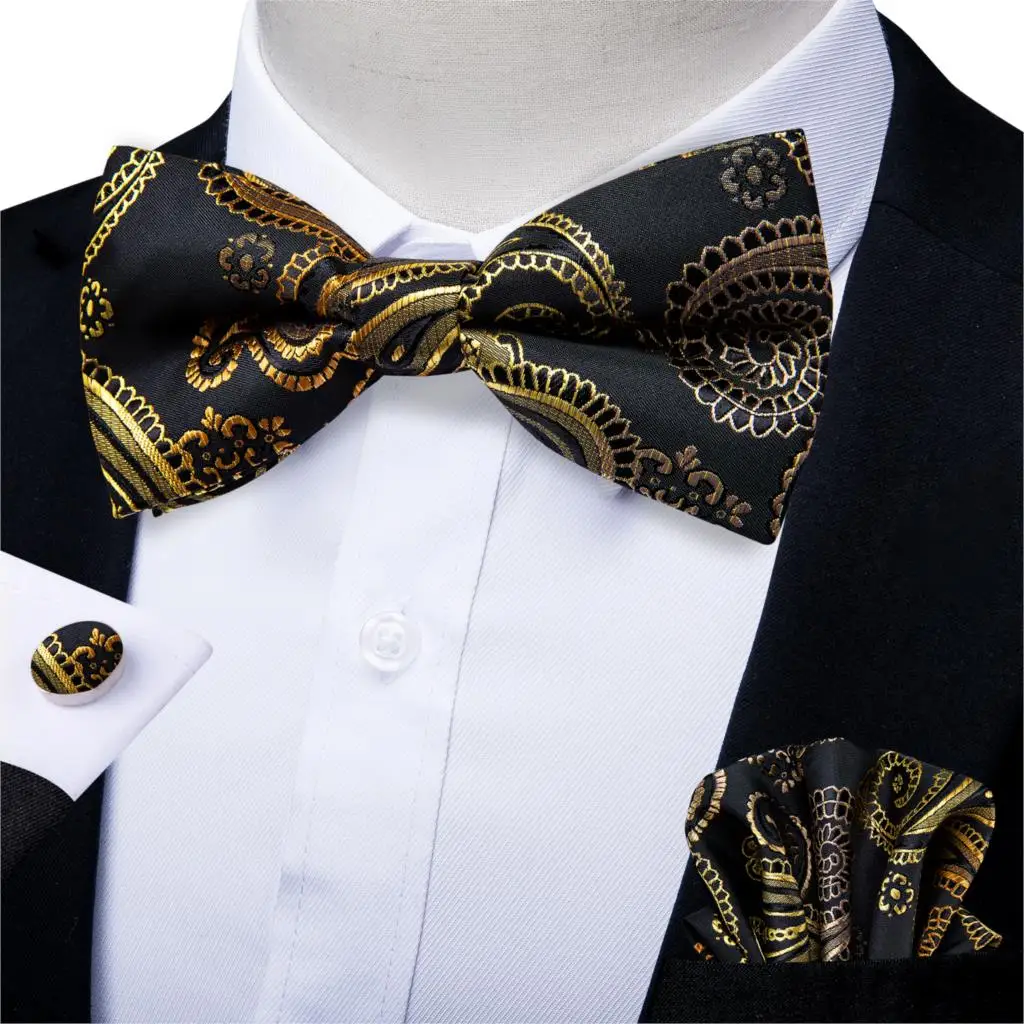 Мужской Шелковый галстук бабочка в деловом стиле винтажный черный золотой с