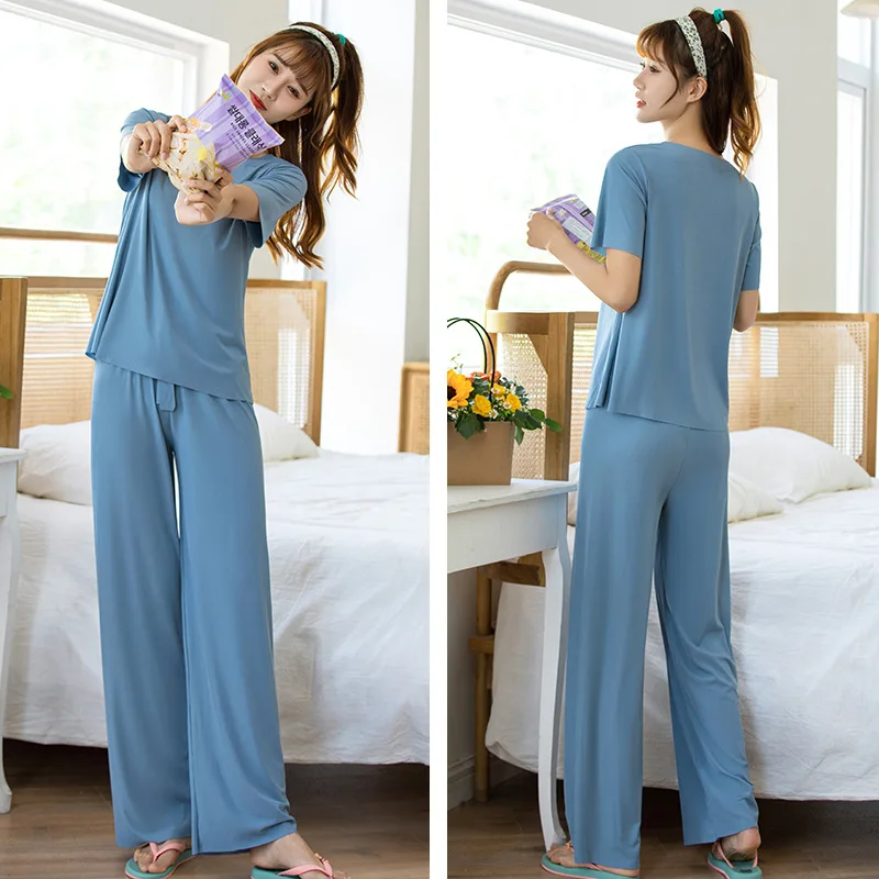 Short Sleeve Trousers Pajamas Women's Solid Color Suit Loose Ice Silk Home Clothes Lady Nightgown Female Sleepwear Sleeping Wear