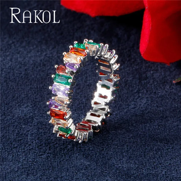 Multicolor White RAKOL, новинка, модное, роскошное, очаровательное, AAA, багет, кубический цирконий, обручальное кольцо для женщин, многоцветная, Т-образная форма, Cz камень, вечерние ювелирные изделия - Цвет основного камня: Multicolor White