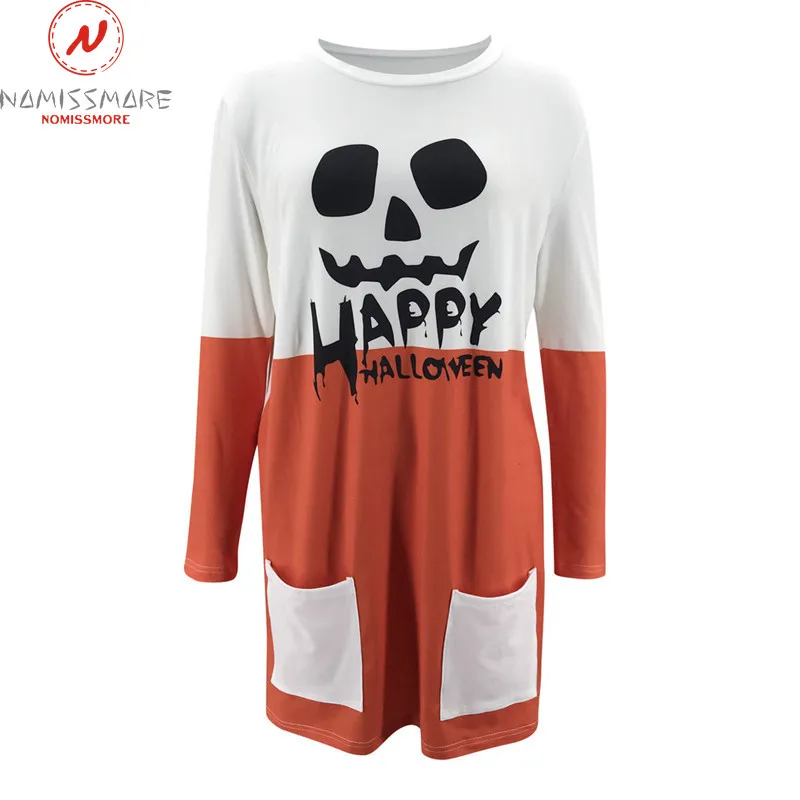 

Halloween Style Women Casual Loose Dress Pockets Decor O-Neck Long Sleeve Letter Pumpkin Candle Skull Print Pullovers Mini Dress