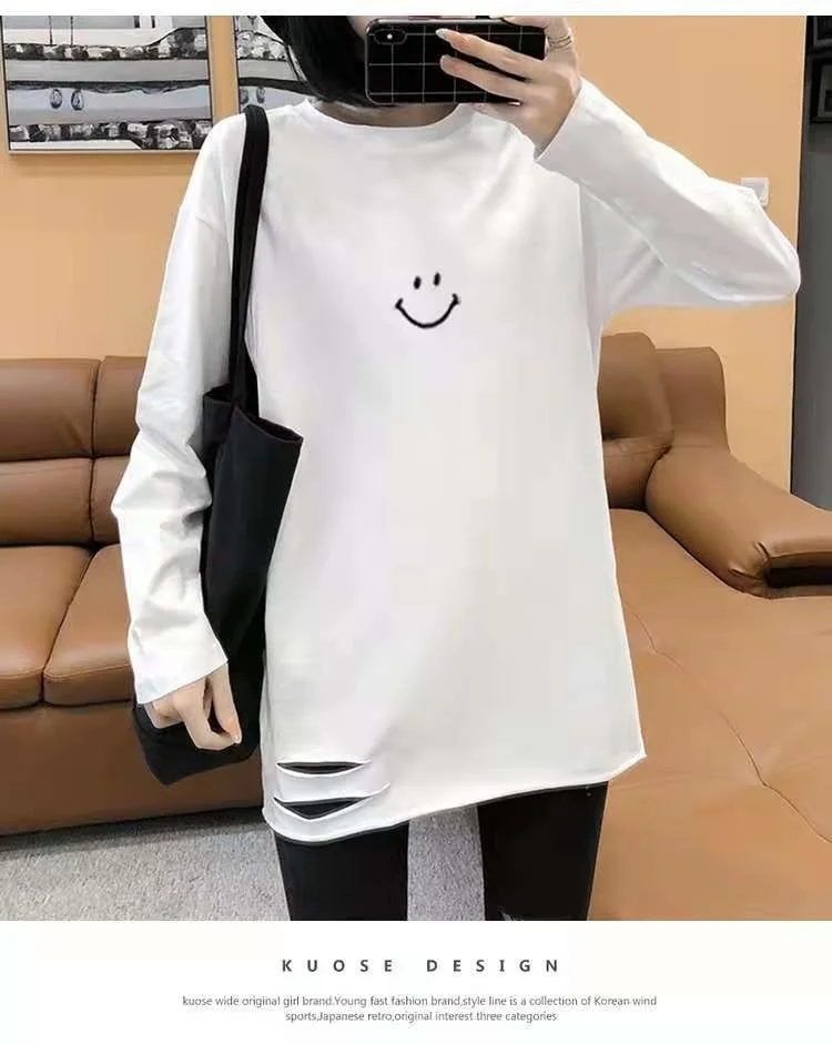 

Свободная футболка с длинным рукавом и дырками в корейском Instagram-стиле, чистый принт, подходящий ко всему (позиции с отверстиями левой рукой)