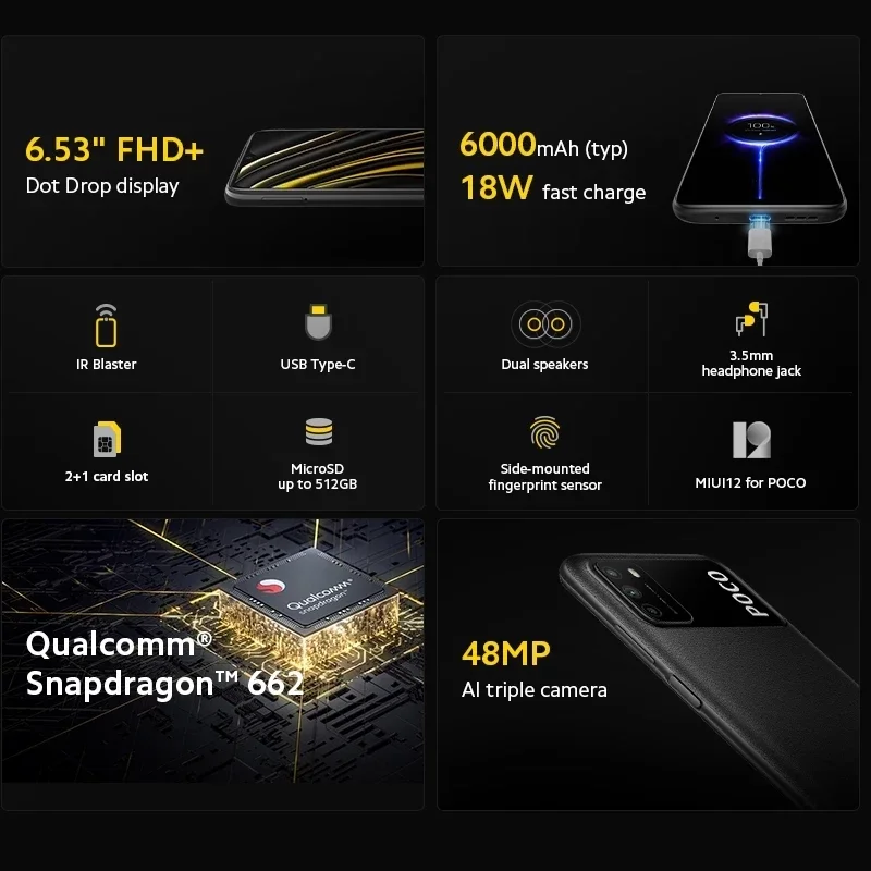 Смартфон POCO M3 глобальная версия 4 Гб 64 ГБ Восьмиядерный процессор Snapdragon 662