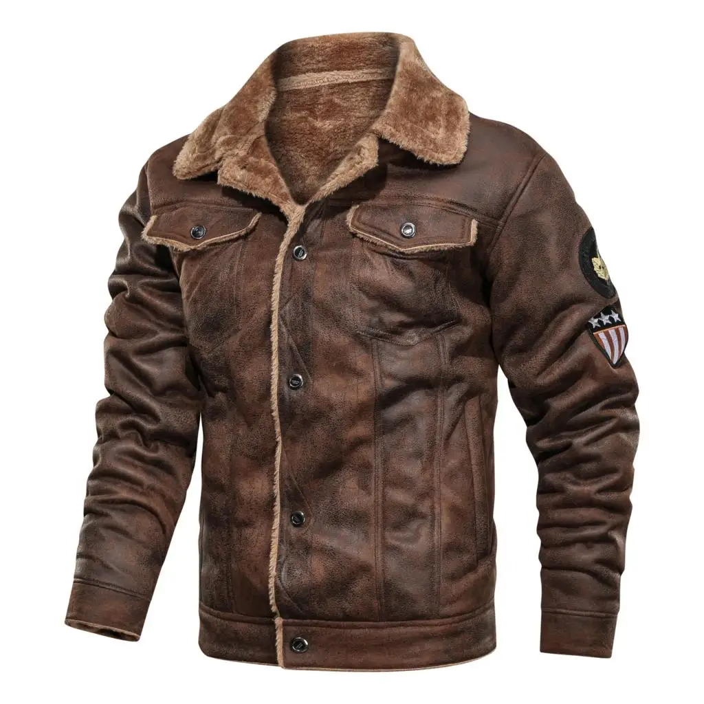 Mens Jackets and Coats Retro Style Suede Leather Jacket Men Leather Motorcycle Jacket Fur Lined Warm Coat Winter Velvet Overcoat
