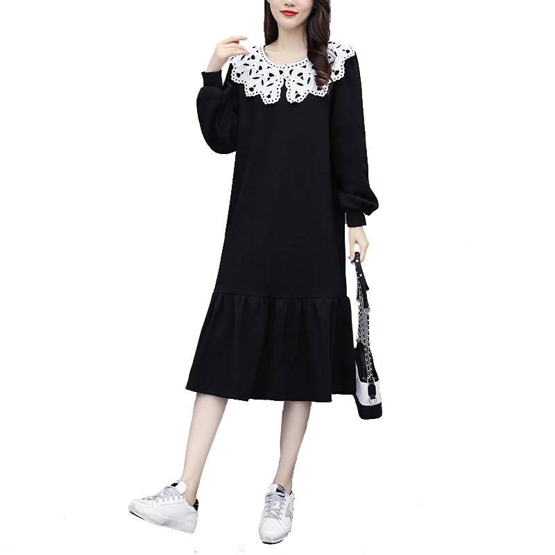 Женское винтажное платье с рюшами черное большого размера длинным рукавом