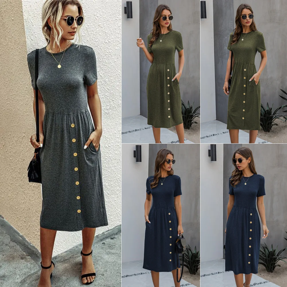 

2020 Spring and Summer Solid Color Button Casual Women's Jersey Dress Dark Blue Gray Green O-Neck Dress for Office Lady