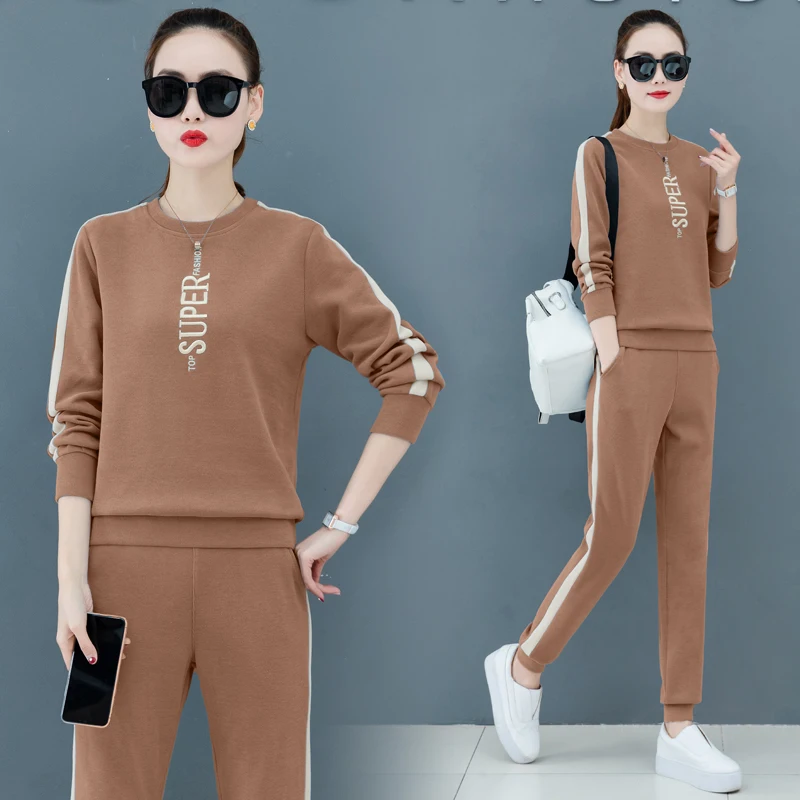 

Spring Autumn New Two Piece Set Korean Long Sleeve Round Neck Plus Size Pants Suit Women Clothes Blue Brown Orange Green