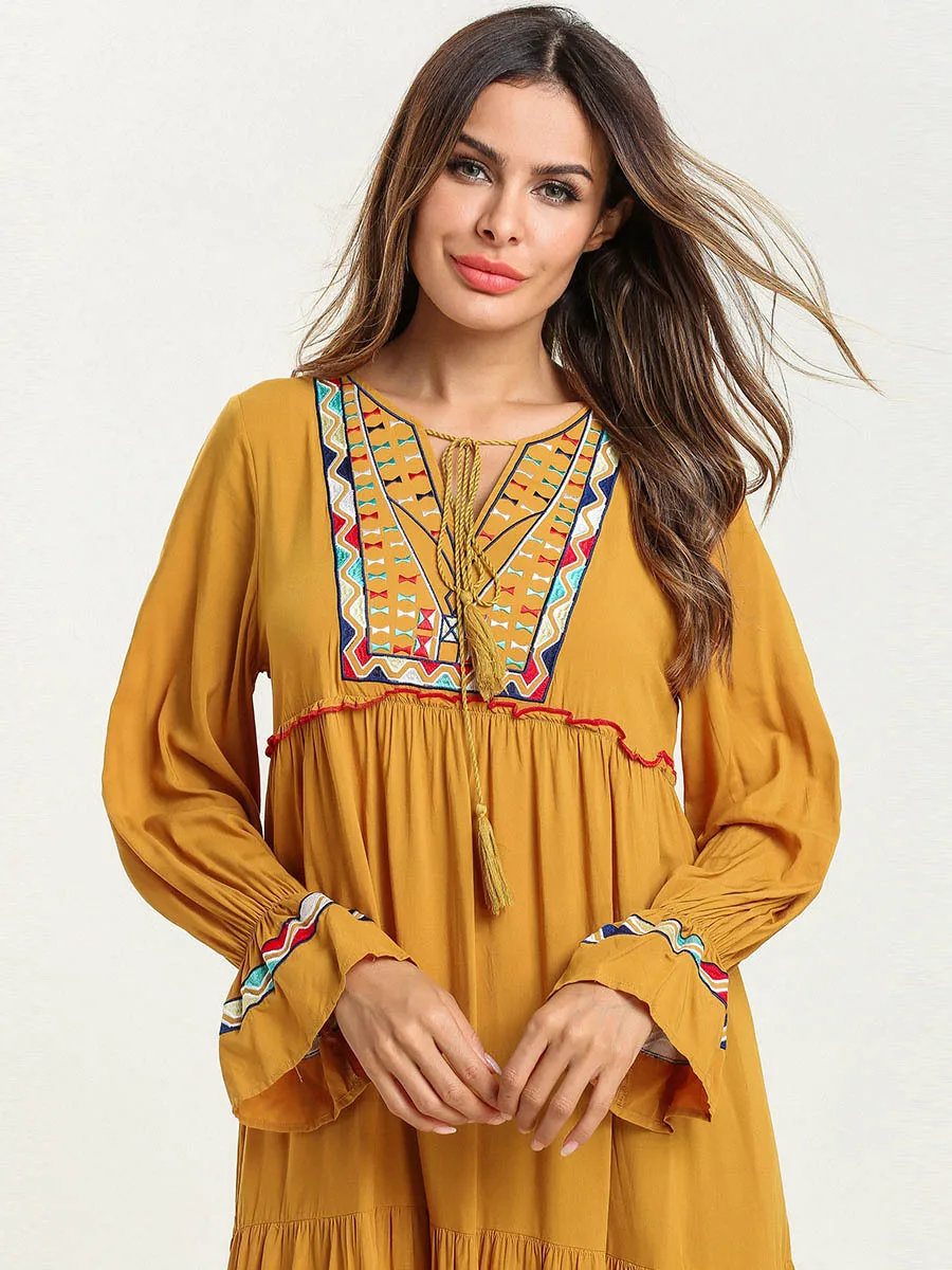 

Embroidery Muslim Abaya Dress Women Elegant Eid Maxi Moroccan Pleated Dresses Flare Sleeve Middle East Islam Ethnic Clothes