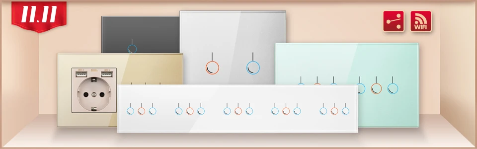 International standard wall 6 Gang switch strip white tempered glass material panel wall lamp smart touch switch accessories hom