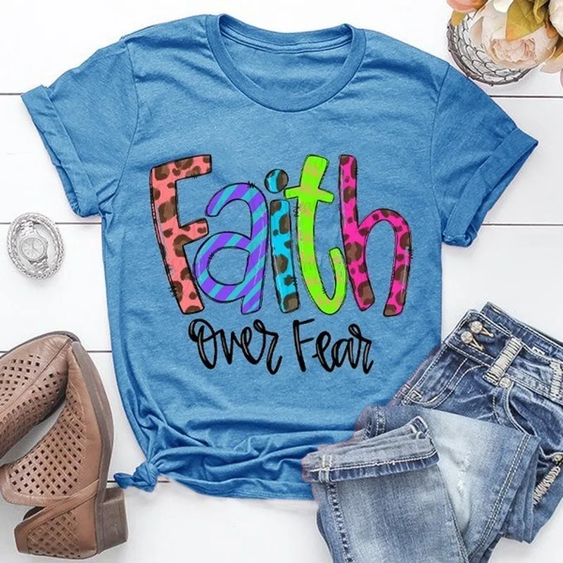 

Faith Over Fear Painted Letter Print T Shirt Women Short Sleeve O Neck Loose Tshirt Summer Women Tee Shirt Tops Camisetas Mujer