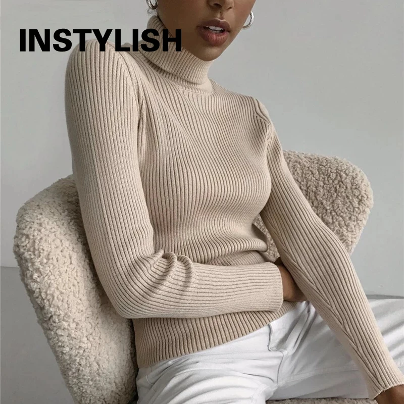 

Женский свитер Instylish с высоким воротником, элегантный винтажный вязаный пуловер в стиле Харадзюку, повседневные однотонные Джемперы, топы н...