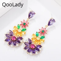 qoolady charming purple yellow cubic zircon crystal flower leaf multicolor long drop dangle earring for brides jewelry e024