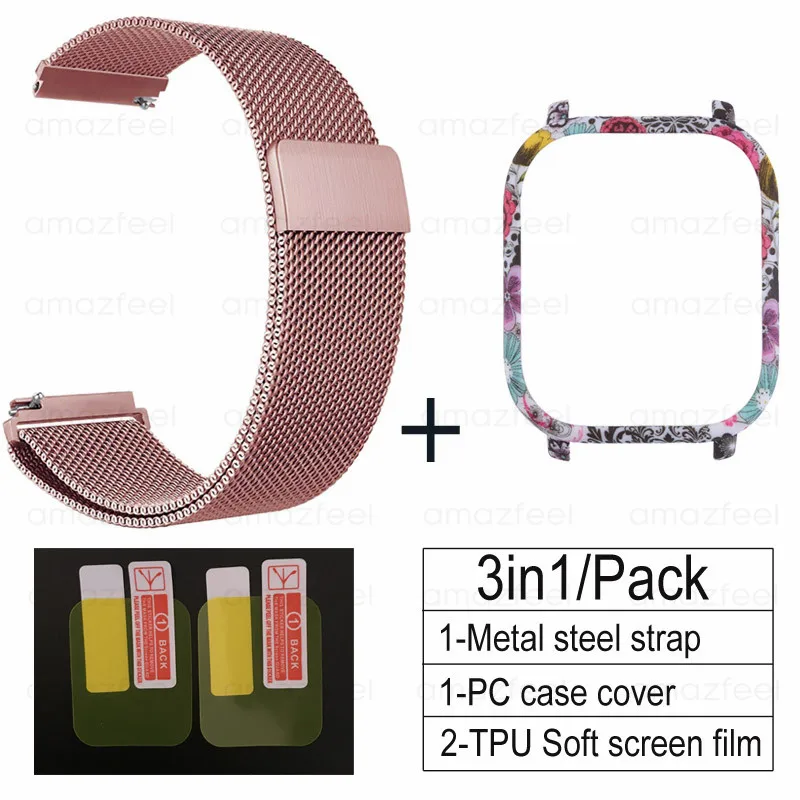rose pink-Flower C 3 в 1 Аксессуары для Amazfit GTS ремешок с чехол металлический Миланский Браслет для Huami Amazfit GTS Band Защитная пленка для экрана - Цвет: rose pink-Flower C