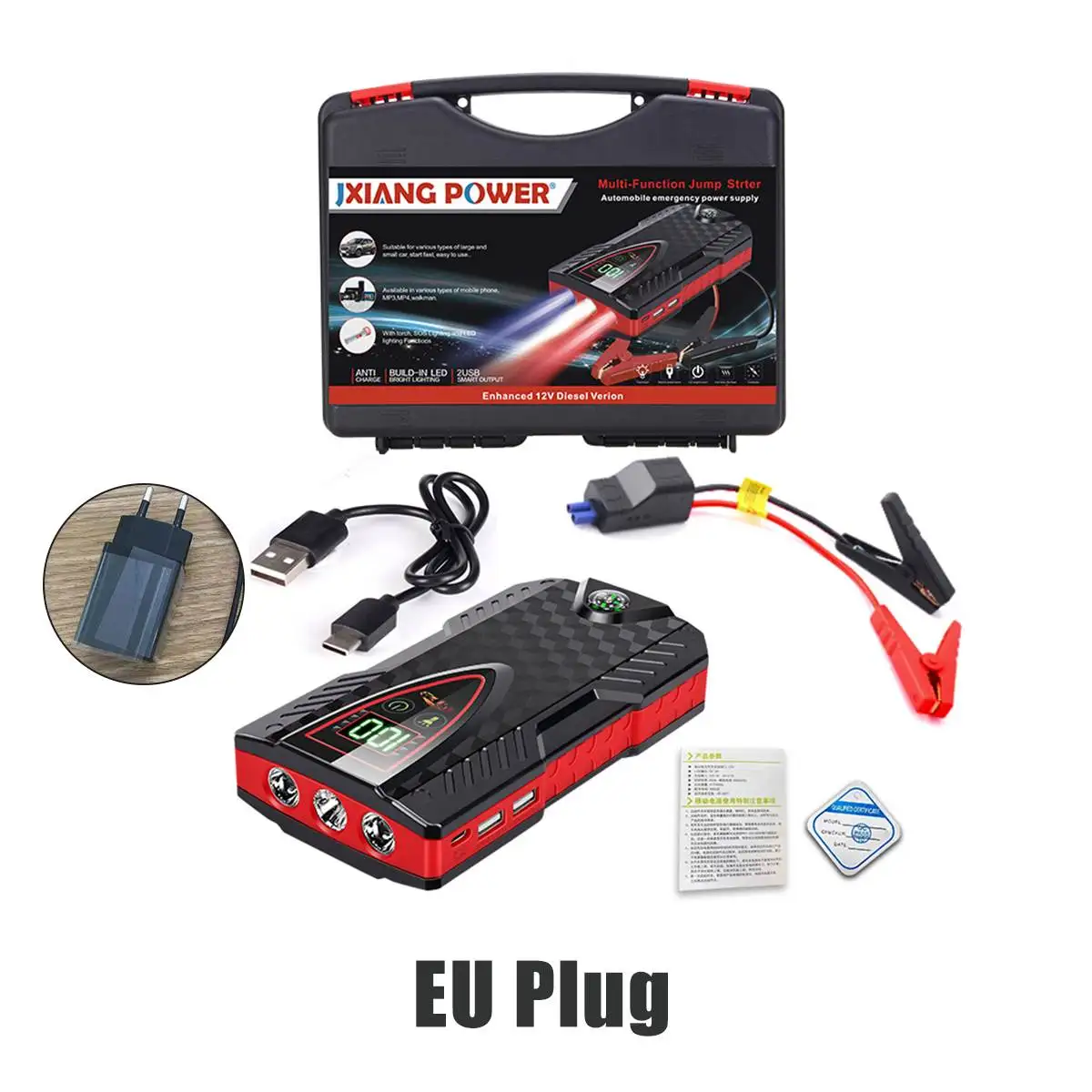 

Jump Starter 20000mAh Power Bank 10W Wireless Charger LCD Display Safety Hammer Portable Charger Car Starting Device