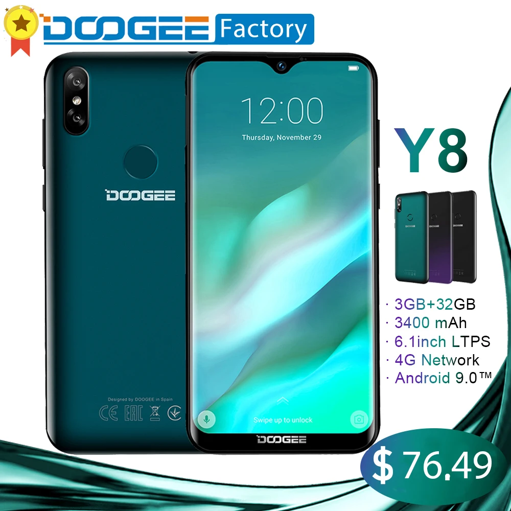 DOOGEE Y8 Android 9 0 4G LTE смартфон 6 1 дюймов водослива экран лицо ID 3 ГБ 32 8MP + 5MP3400mAh MTK6739