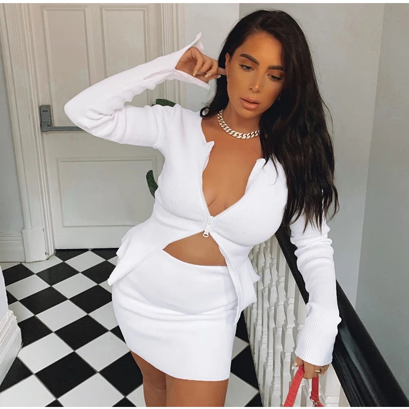 NewAsia White Sweater Women Sexy Double Zipper Cardigan Celebrity Wear Long Sleeve Split Cuff Short Knitted Tops Winter Clothes
