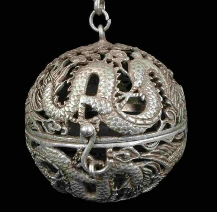 

Chinese Copper Tibet Silver Hand Carved Dragon Incense Burner Netsuke Ball Pendant Animal Statue