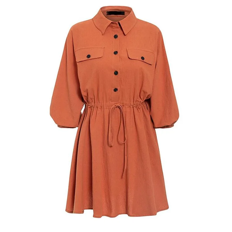 

Linen Lantern Sleeve Dresses Casual Turndown Collar Vintage Elegant Lace Up Women Female Mini Shirt Dress Short Dress