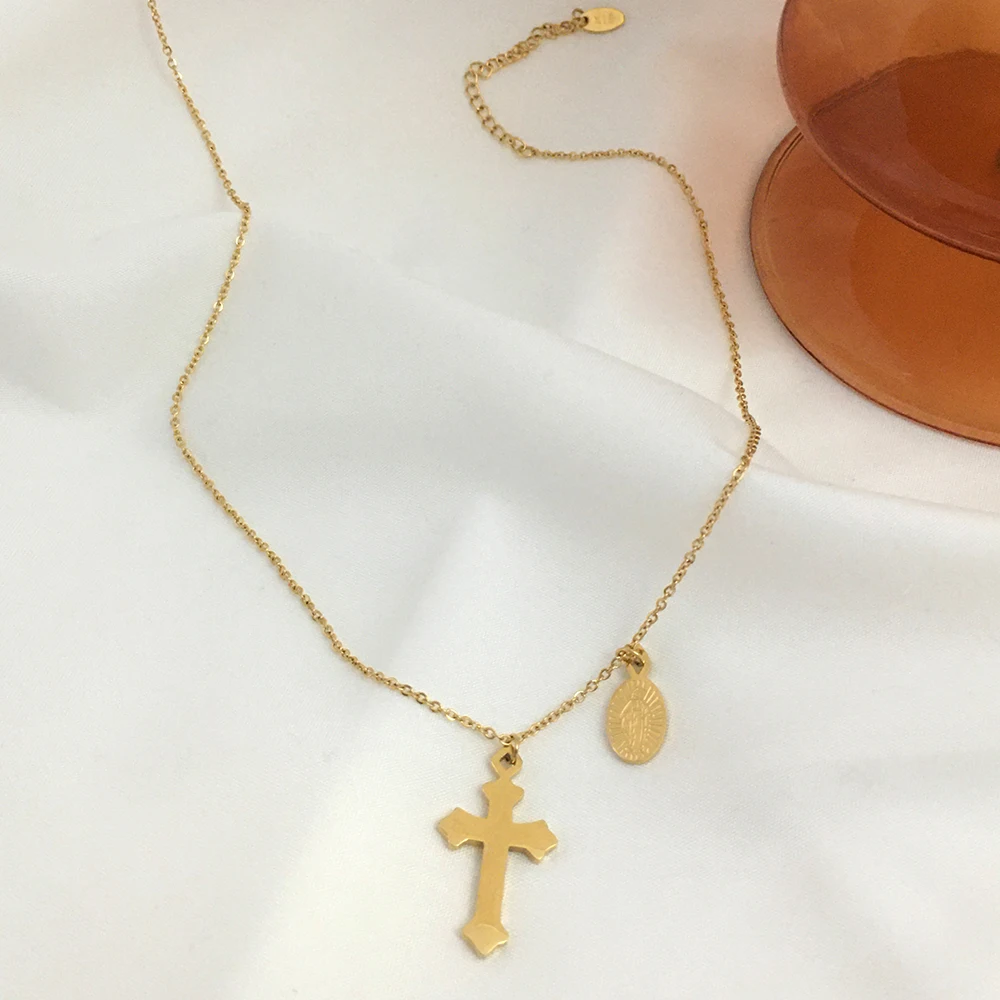 

Monlansher Vintage Trendy Cross Oval Card Double Pendant Necklace Metal Titanium Steel Chain Choker Minimalist Necklaces Jewelry