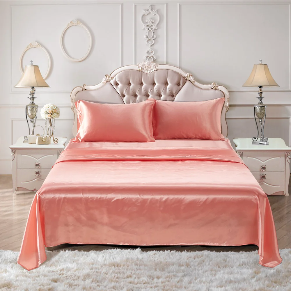 Solid Color Satin Bed Sheet Fsheet Set  Comforter Bedding Sets Bedroom Comforter  Pink Bed Set Queen Size  Bedding Set Luxury