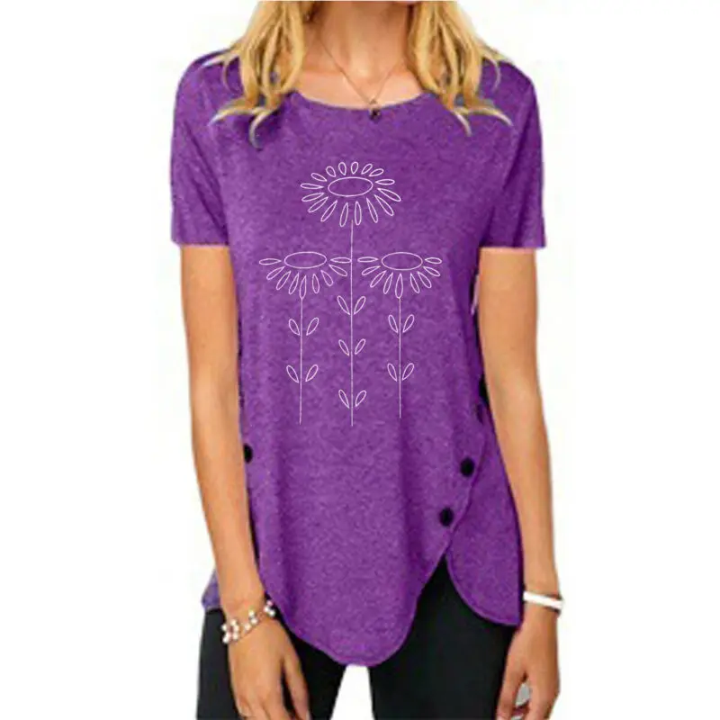 

VICABO Graphic Tee Floral Short Sleeve Crew Neck T-Shirt Women Irrgular Hem with Button Casual Pullover Women's Tops