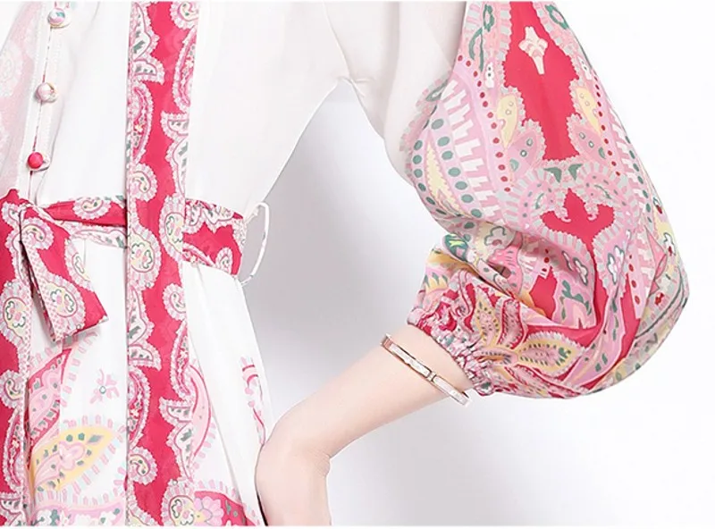 

2021 fashion Runway Designer Maxi Dress Women three quarter Sleeve print Chiffon Dress