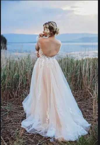 Свадебное платье LORIE Boho кружевное ТРАПЕЦИЕВИДНОЕ невесты с v образным вырезом и