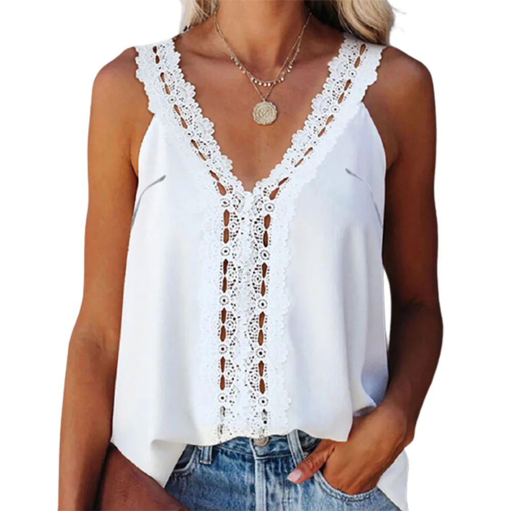 

Women Vest Top Pure White Sexy V-neck Lace Stitching Hollow Pullover Loose Summer Elegant Temperament Sleeveless T-shirt