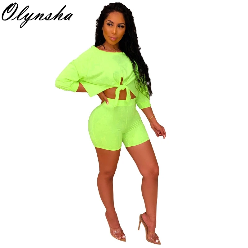 

Casual Biker Shorts Set Women Fashion Skinny Shorts Crop Tops 2 Piece Set 2020 Summer Fitness Tracksuits Set Lounge Wear Outfits