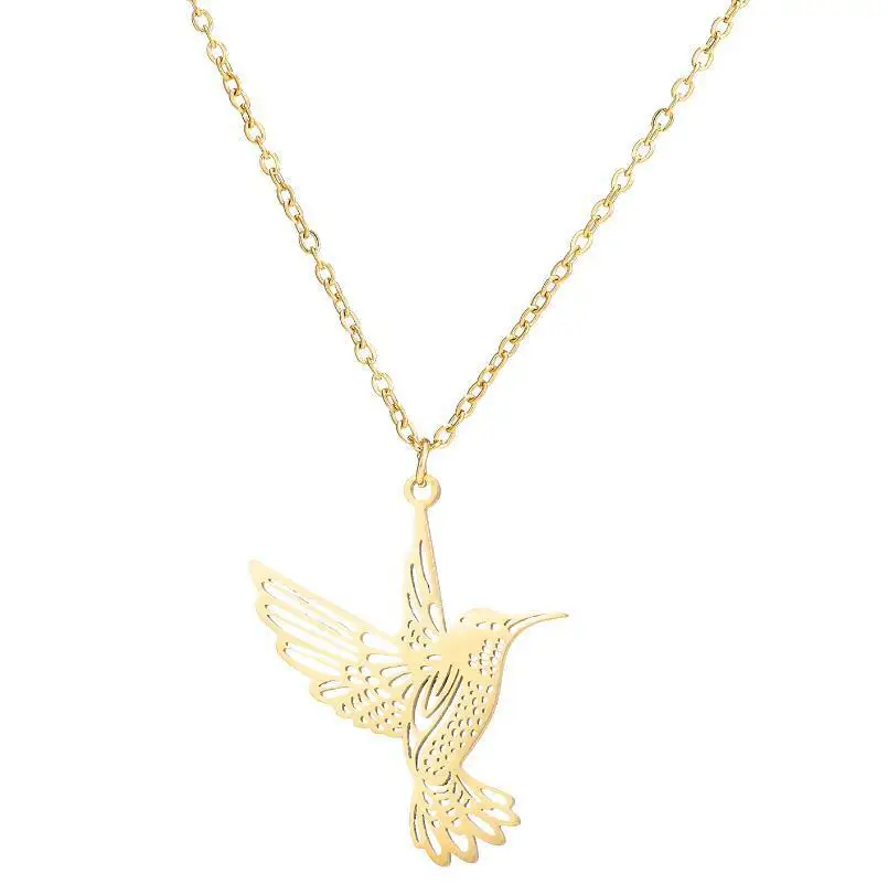 

AsJerlya New 2021 Cartoon Hummingbird Stainless Steel Necklace Women Bohemian Origmai Birds Pendant Necklace Animal Gold Collier