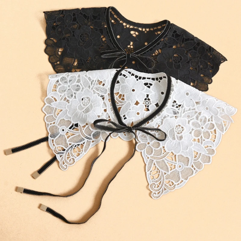 

Vintage Style Womens Doll False Fake Collar Hollow Out Crochet Lace Half Shirt Necklace Shawl with Imitation Bowtie