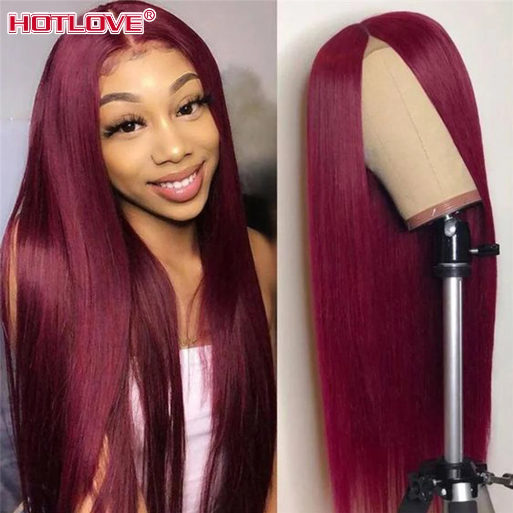 Burgundy Lace Front Human Hair Wigs 99J Human Hair Wig Brazilian Straight Hair 13*1 Lace Part Wig Pre-Plucked Remy Hair 28 inch