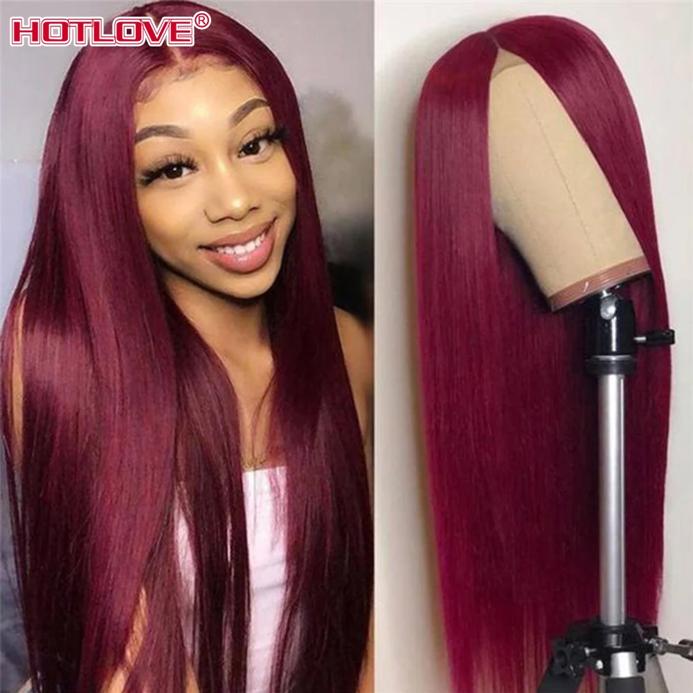 Frente do Laço Perucas de Cabelo Peruca de Cabelo Brasileiro em Linha Parte do Laço Borgonha Humano Reta Peruca Pré-arrancado Remy Cabelo 28 Polegada 99j 13*1
