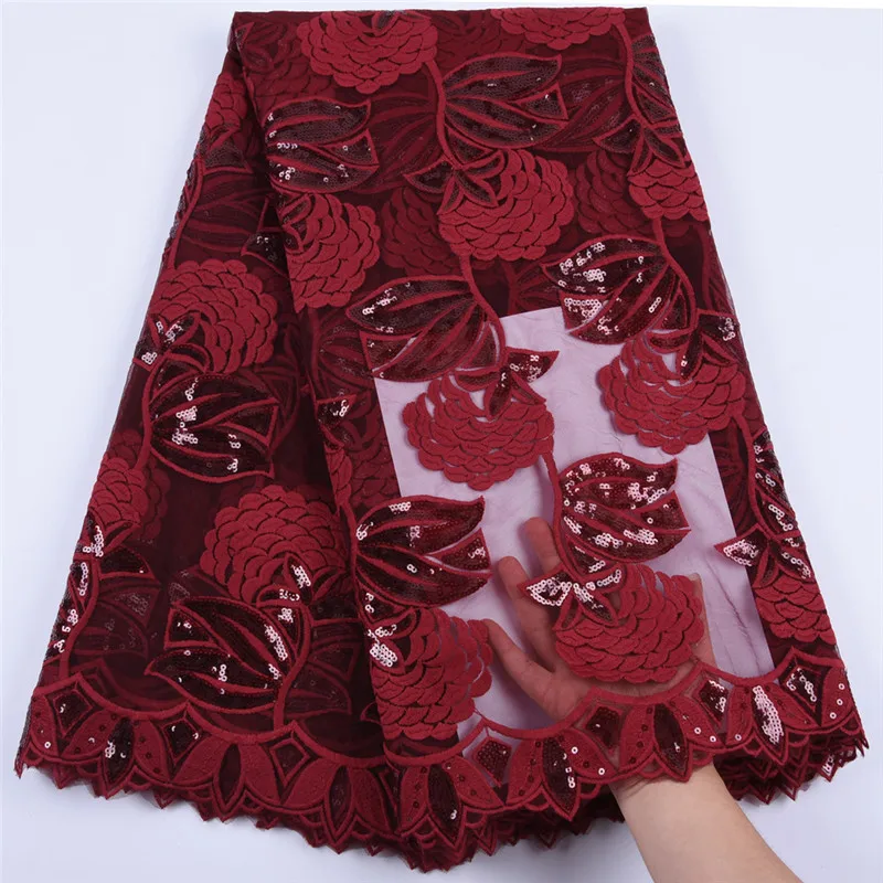 

Wine African Mesh Lace Fabric With Sequins Milk Silk Lace High Quality Nigerian Lace Fabric 5Yards French Tulle Lace FabricA1684