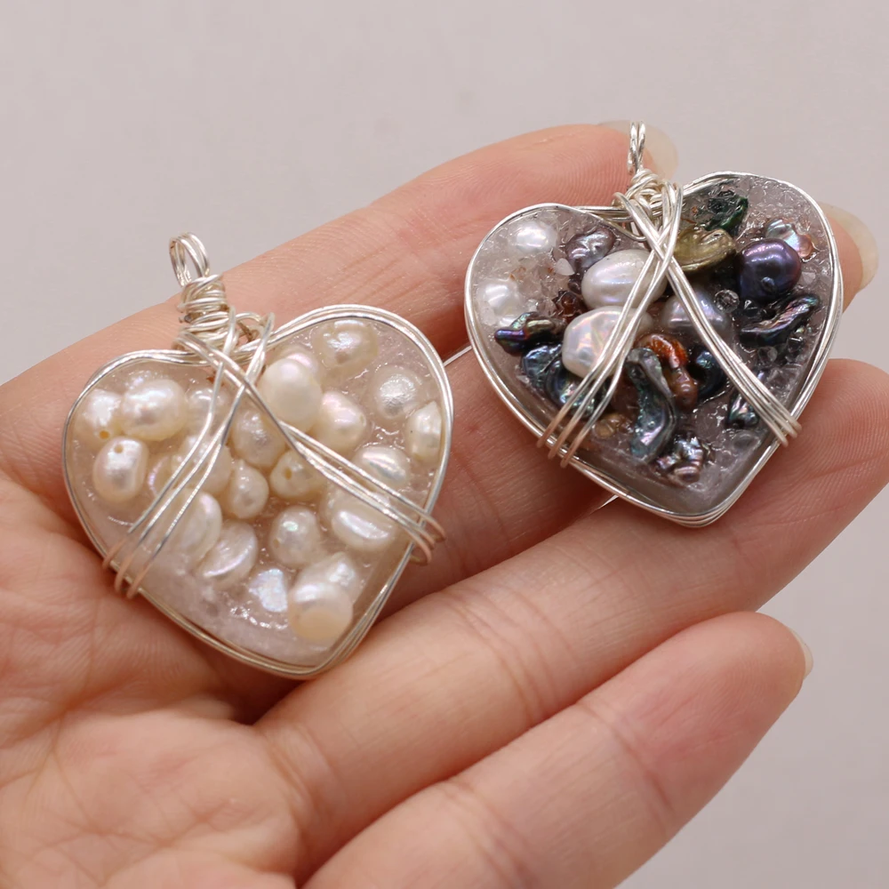 

Natural Semi-precious Stone Heart-shaped Pearl Crystal Bud Winding Silver Wire Charms for Jewelry Making DIY Necklace Accessorie