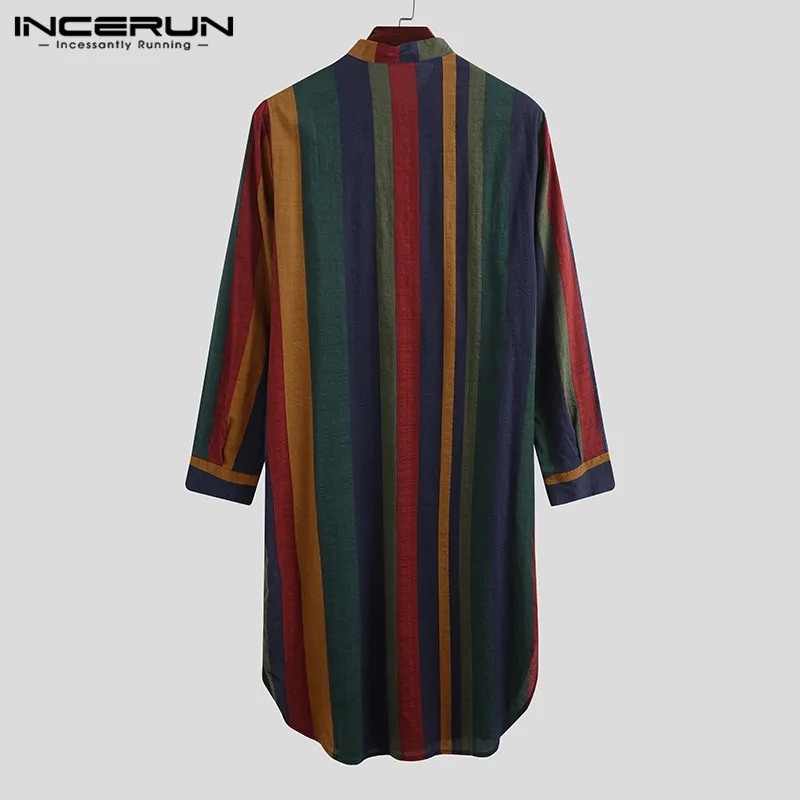 INCERUN Vintage Striped Sleep Robes Men Fashion Long Sleeve Sleepwear Stand Collar Buttons Nightgown Man Loose Cotton Bathrobes