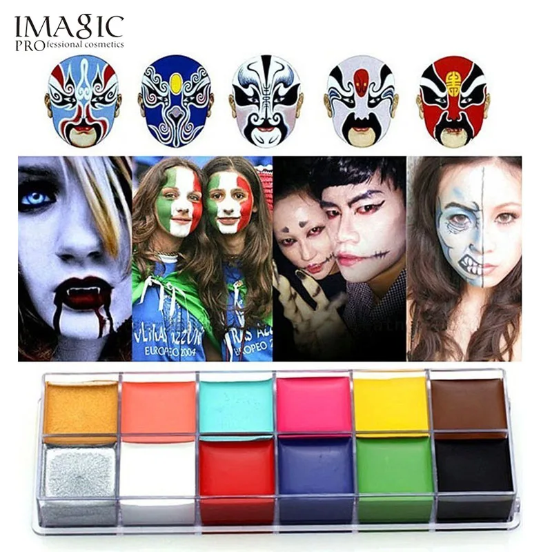 IMAGIC Хэллоуин, краска для лица, масляная краска, набор для макияжа, набор инструментов для вечеринки, нарядное платье, 12 цветов для тату+ 6 кистей для краски