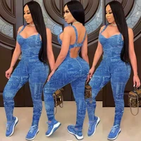 high waist sexy womens jumpsuit fashionable suspenders imitation jean print pants spring and summer