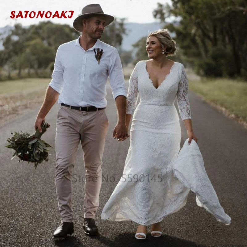 

Boho V-Neck Lace Mermaid Wedding Dress Long Sleeves Zipper Back Mariage Gowns Plus Size Vestido De Novia 2020 Online Shop India