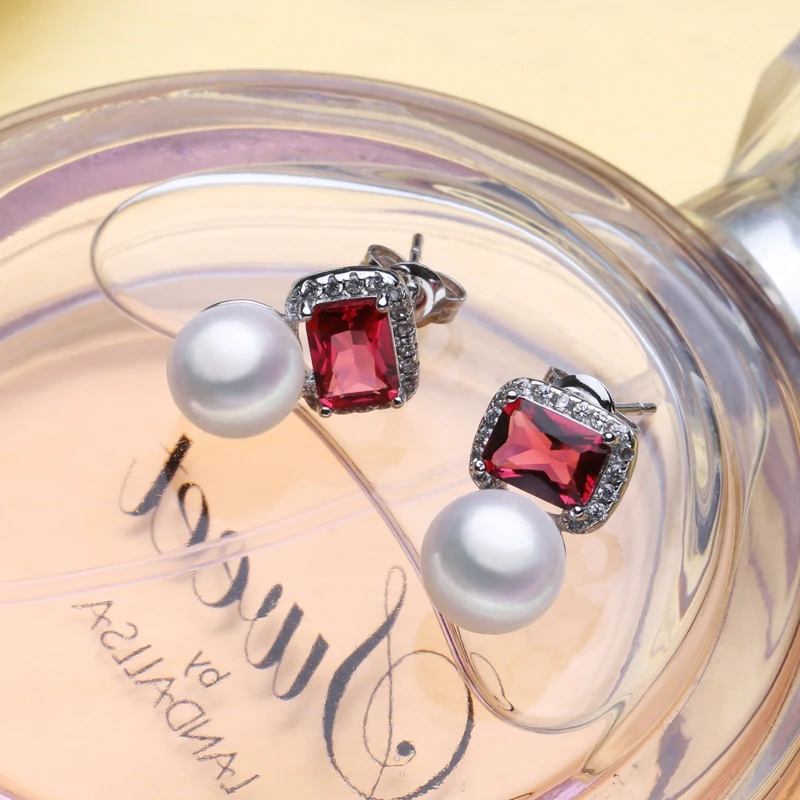 

FENASY 925 Sterling Silver Jewelry Sets For Women Natural Pearl Stud Earrings Bohemian Pendant Necklace Party Ruby Set