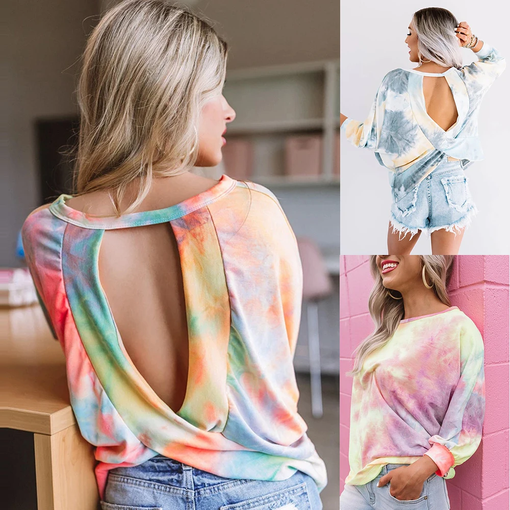 

Fashion Women Autumn Winter Sweatshirts Pullover Top Round Neck Long Sleeve Backless Tie Dye Print Casual Loose Basic Tops